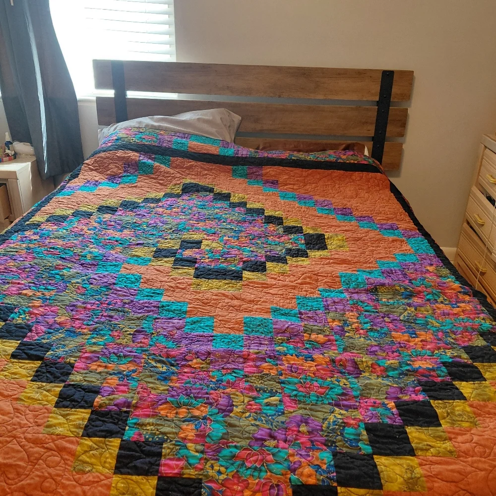 Handmade Spiral Quilt 70x90 Large Art Quilt Bedspread Boho Colorful Blanket